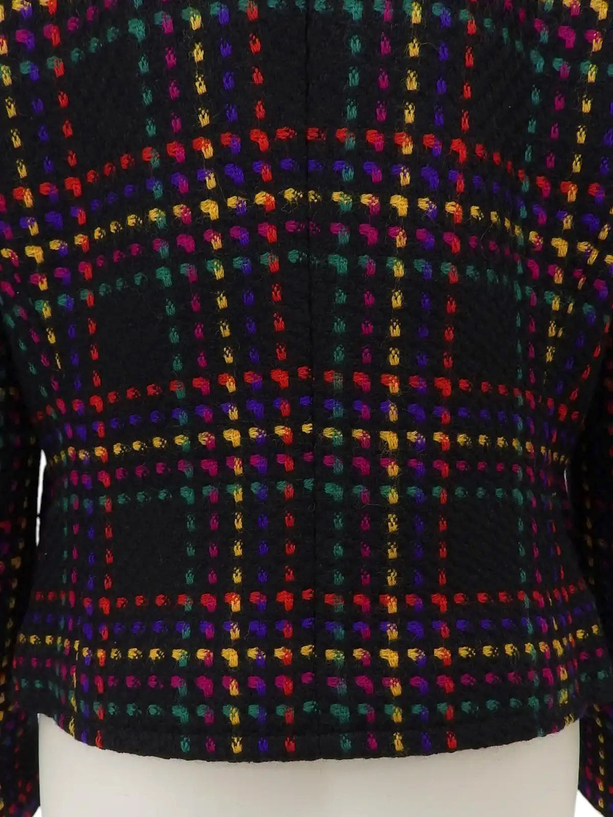 黑色/多色羊毛格纹无领夹克