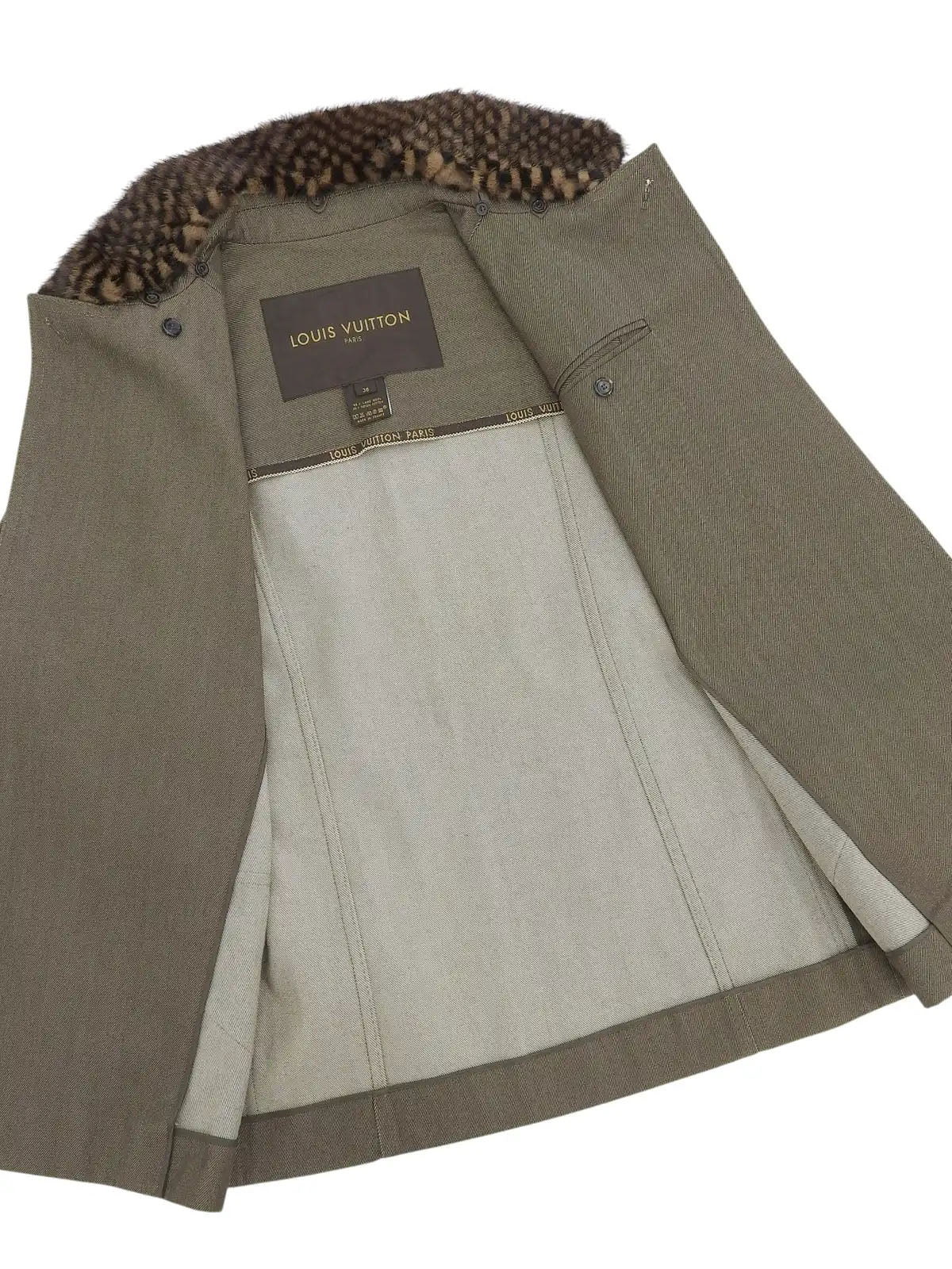 Damier Pattern Fur Denim Combination Coat in Khaki