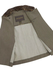 Damier Pattern Fur Denim Combination Coat in Khaki