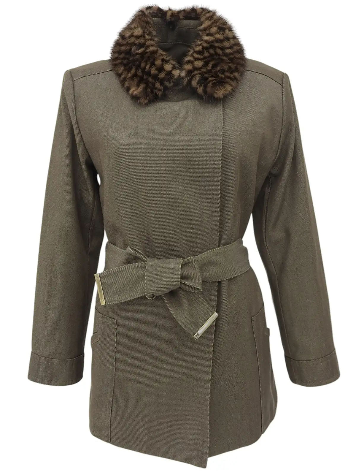 Damier Pattern Fur Denim Combination Coat in Khaki