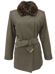 Damier Pattern Fur Denim Combination Coat in Khaki
