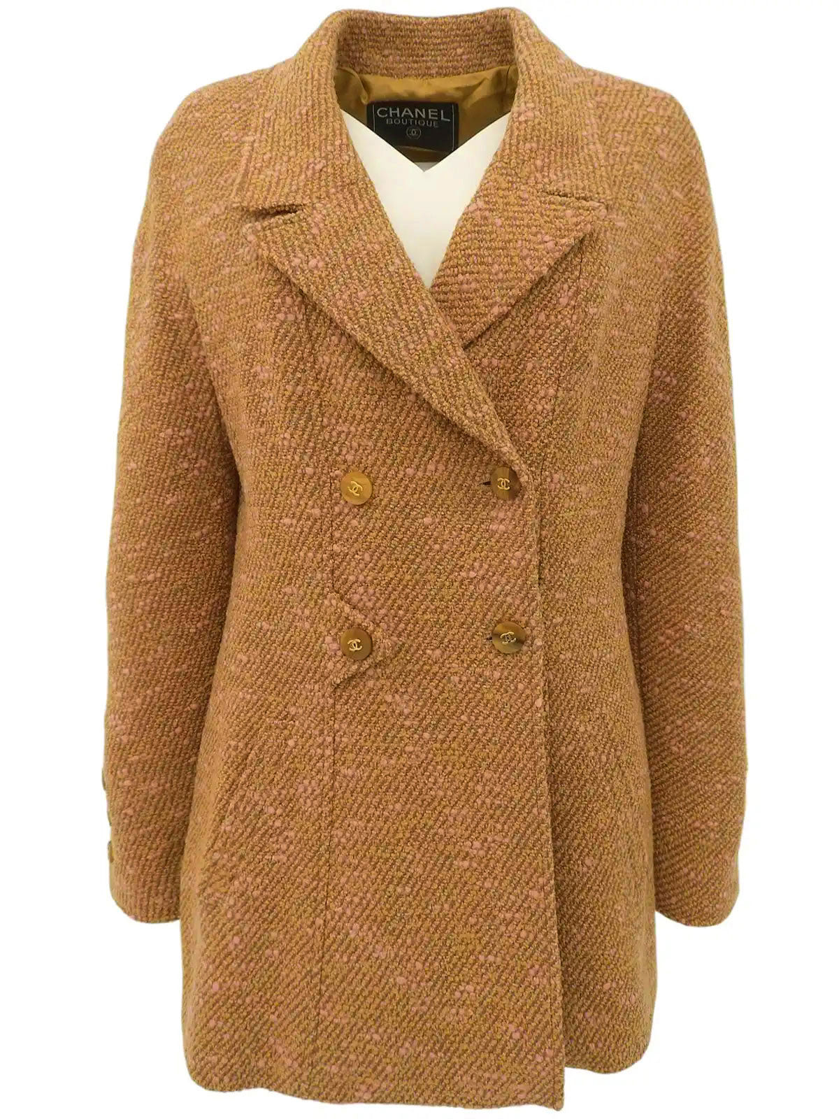 1996 Tweed CC Mark 纽扣双排扣夹克(驼色/鲑鱼粉色)