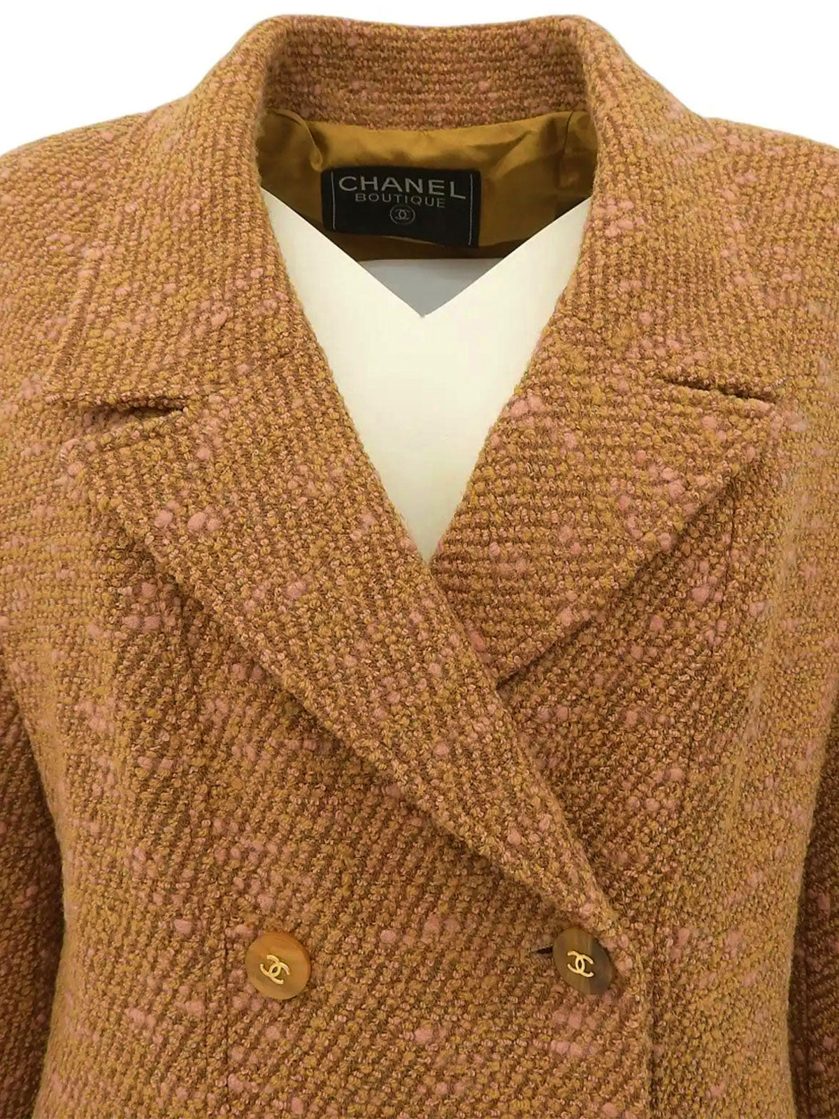 1996 Tweed CC Mark 纽扣双排扣夹克(驼色/鲑鱼粉色)