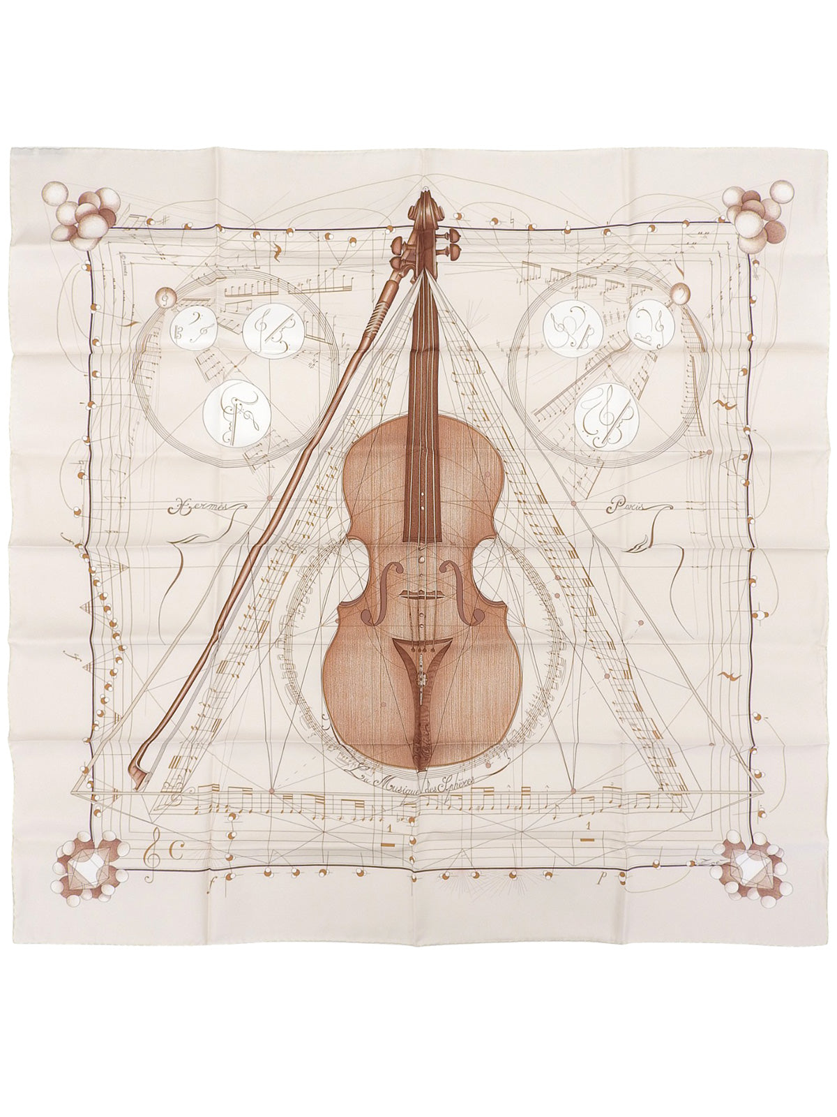 Carré 90“La Musique des Spheres”图案围巾,象牙色/棕色