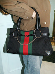 Canvas GG Pattern Sherry Line Horsebit Shoulder Bag in Black