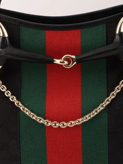 Canvas GG Pattern Sherry Line Horsebit Shoulder Bag in Black