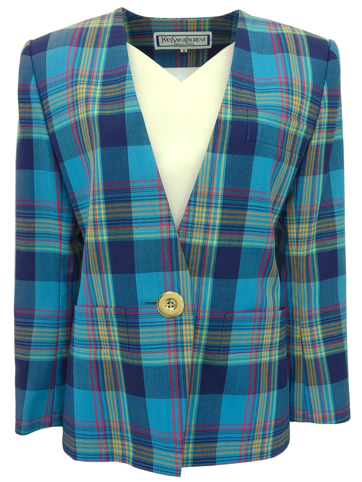 ウールジャケット　青チェック ウールチェックパターンノーカラージャケット ライトブルー/マルチ