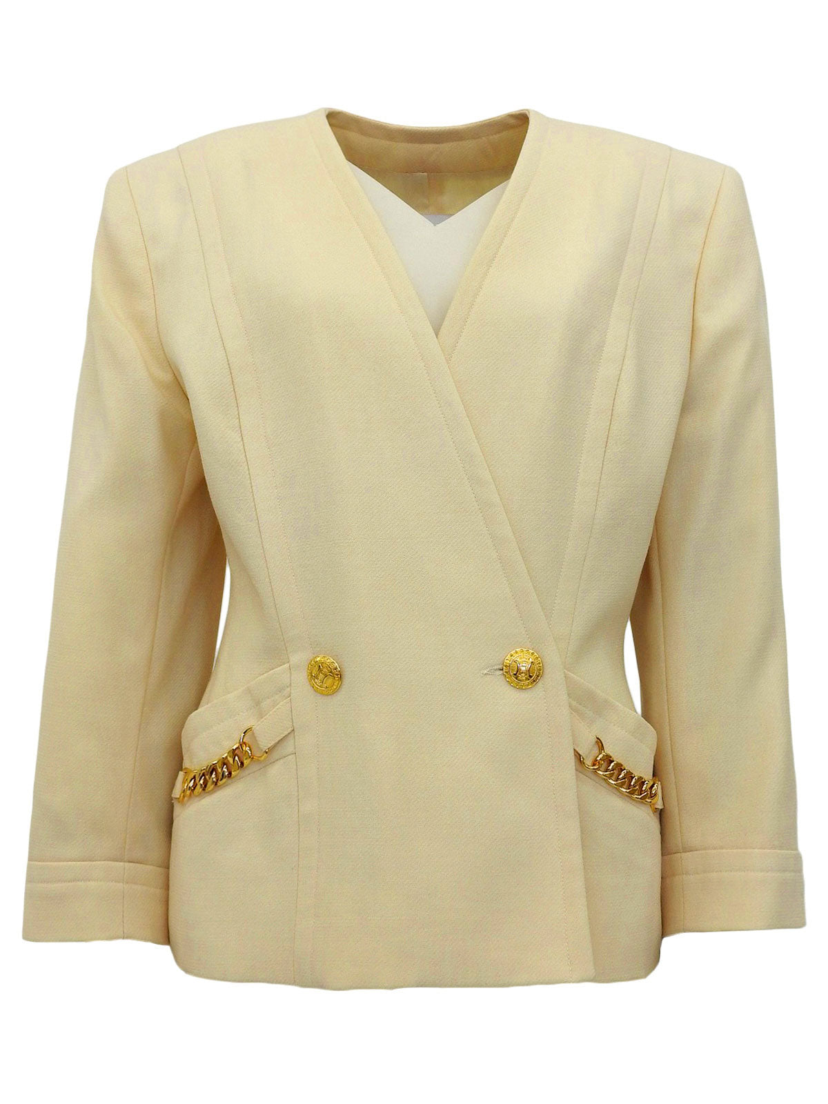 碎花纽扣链条设计无领夹克奶油黄色