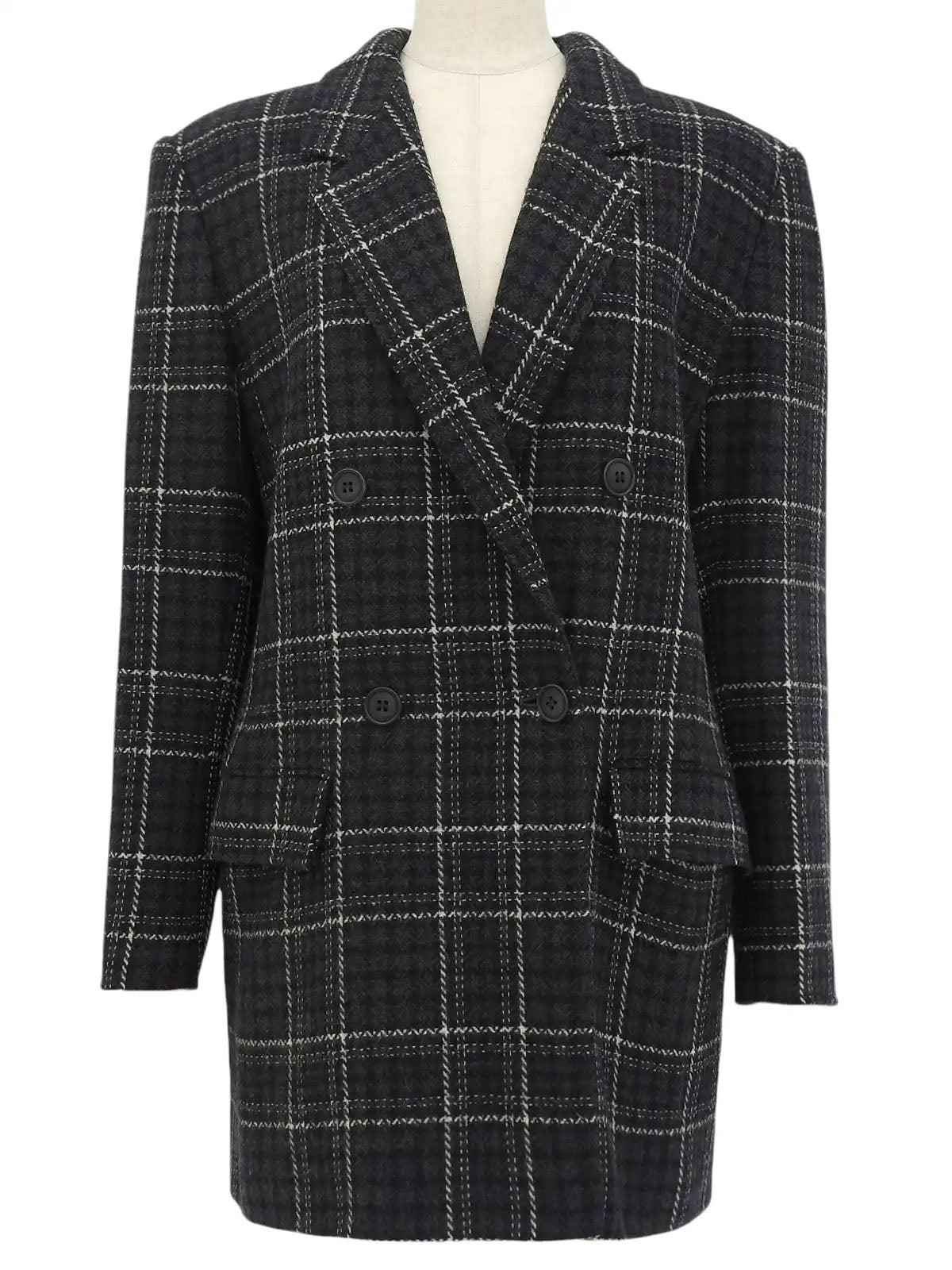 Check pattern double-breasted jacket in charcoal gray, white, and black
