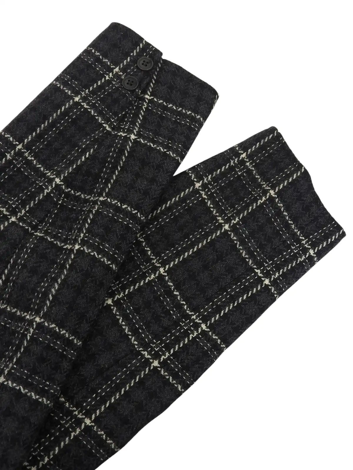 Check pattern double-breasted jacket in charcoal gray, white, and black