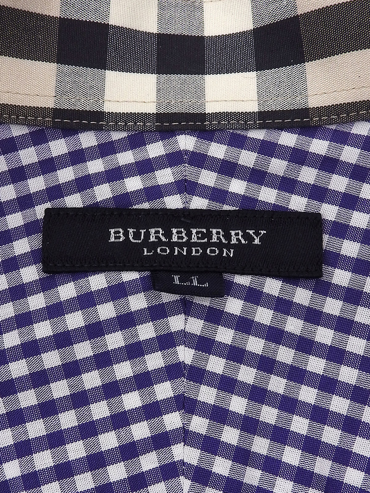 Purple check pattern logo embroidered half sleeve shirt
