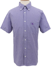 Purple check pattern logo embroidered half sleeve shirt