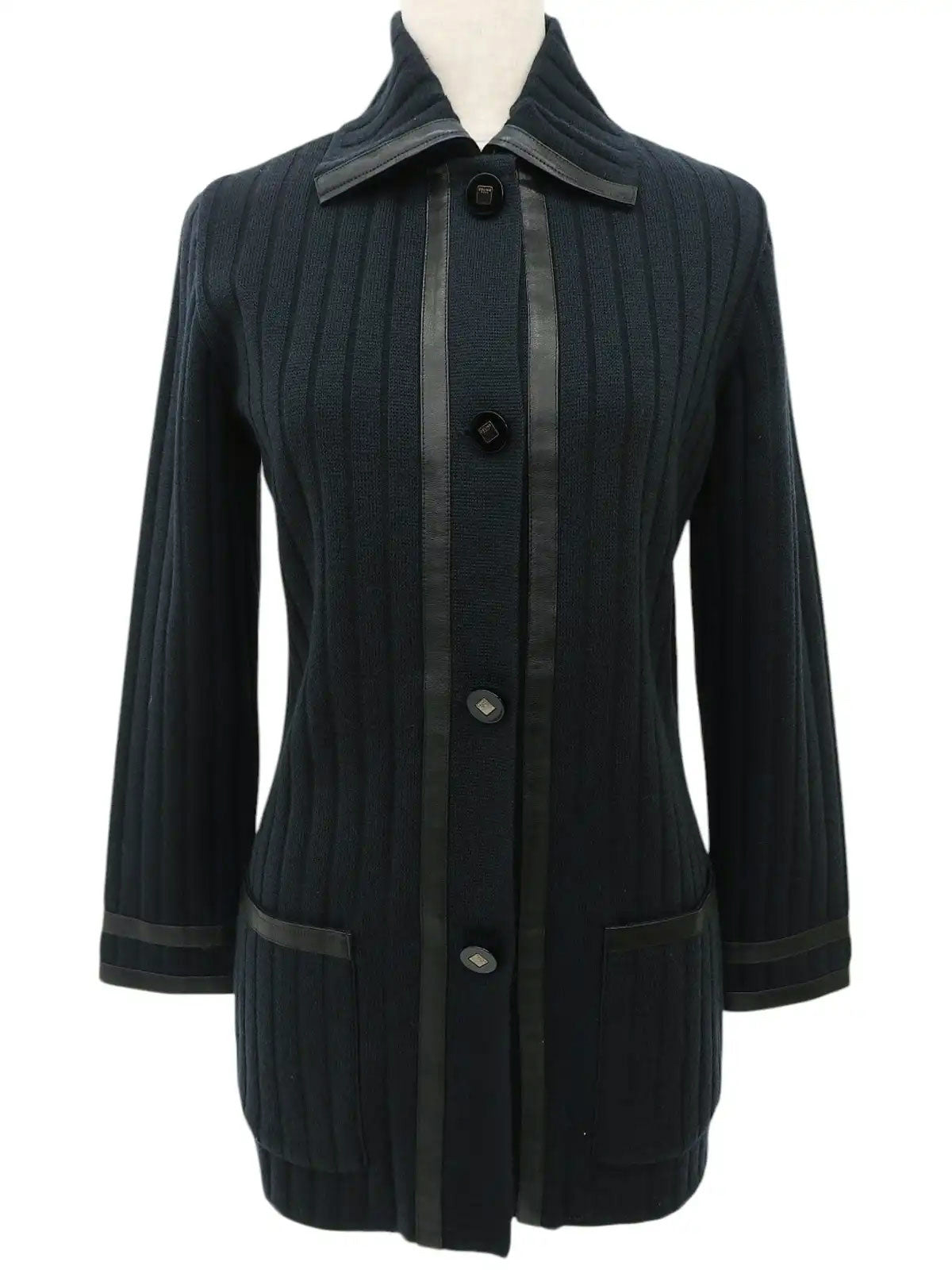 Wool and leather combination logo button knit jacket in dark green/black