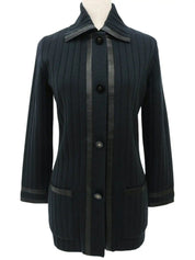 Wool and leather combination logo button knit jacket in dark green/black