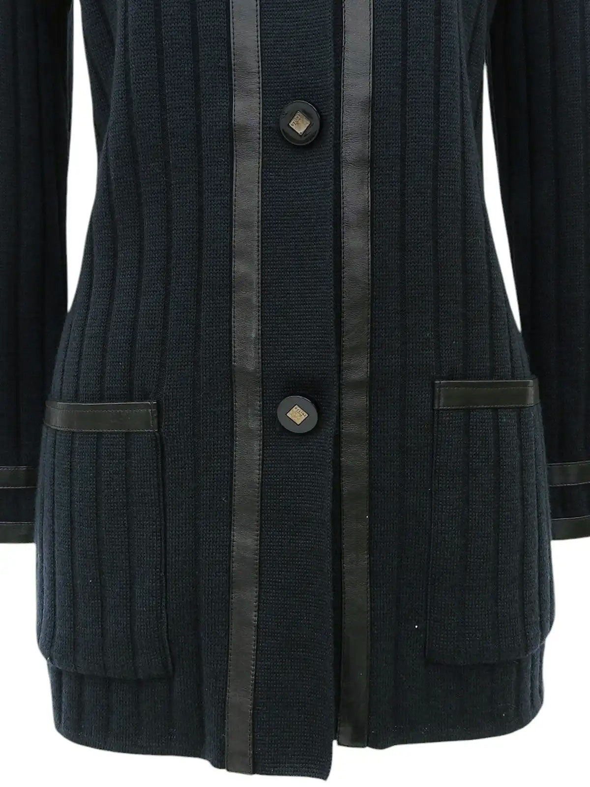 Wool and leather combination logo button knit jacket in dark green/black
