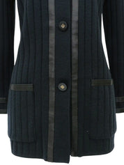 Wool and leather combination logo button knit jacket in dark green/black