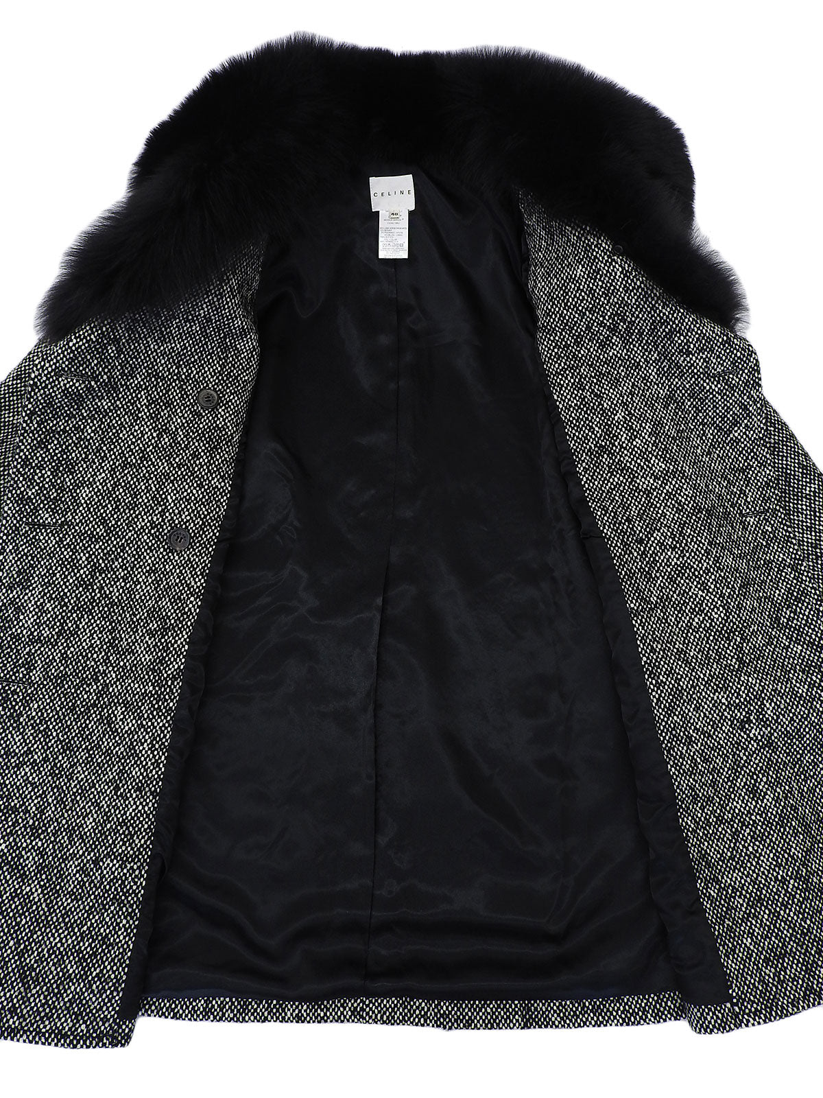 黑色/白色狐狸毛徽标纽扣大衣