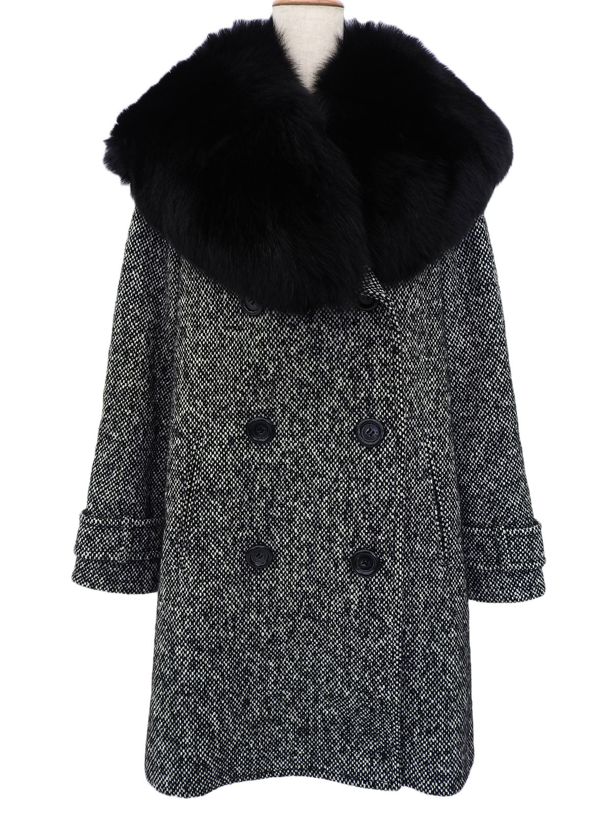黑色/白色狐狸毛徽标纽扣大衣