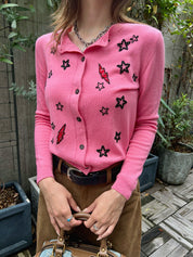 粉色、黑色和红色羊毛串珠星形图案开衫