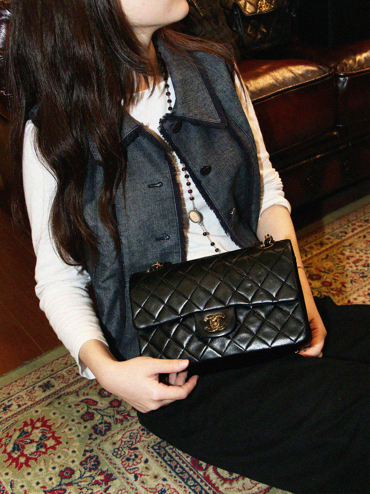 Classic flap chain bag, 23cm, black, made between 1985 and 1990