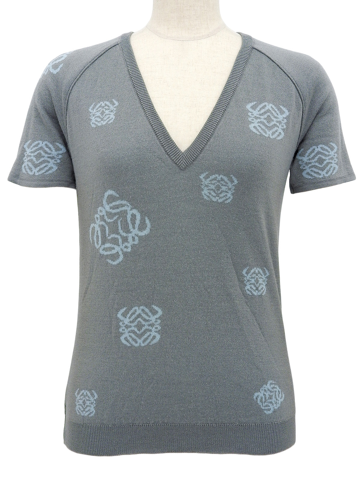 ウールアナグラムパターンショートスリーブVネックニットトップス グレー/ライトブルー