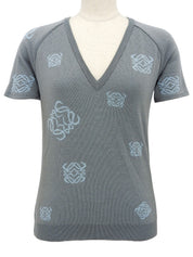 ウールアナグラムパターンショートスリーブVネックニットトップス グレー/ライトブルー