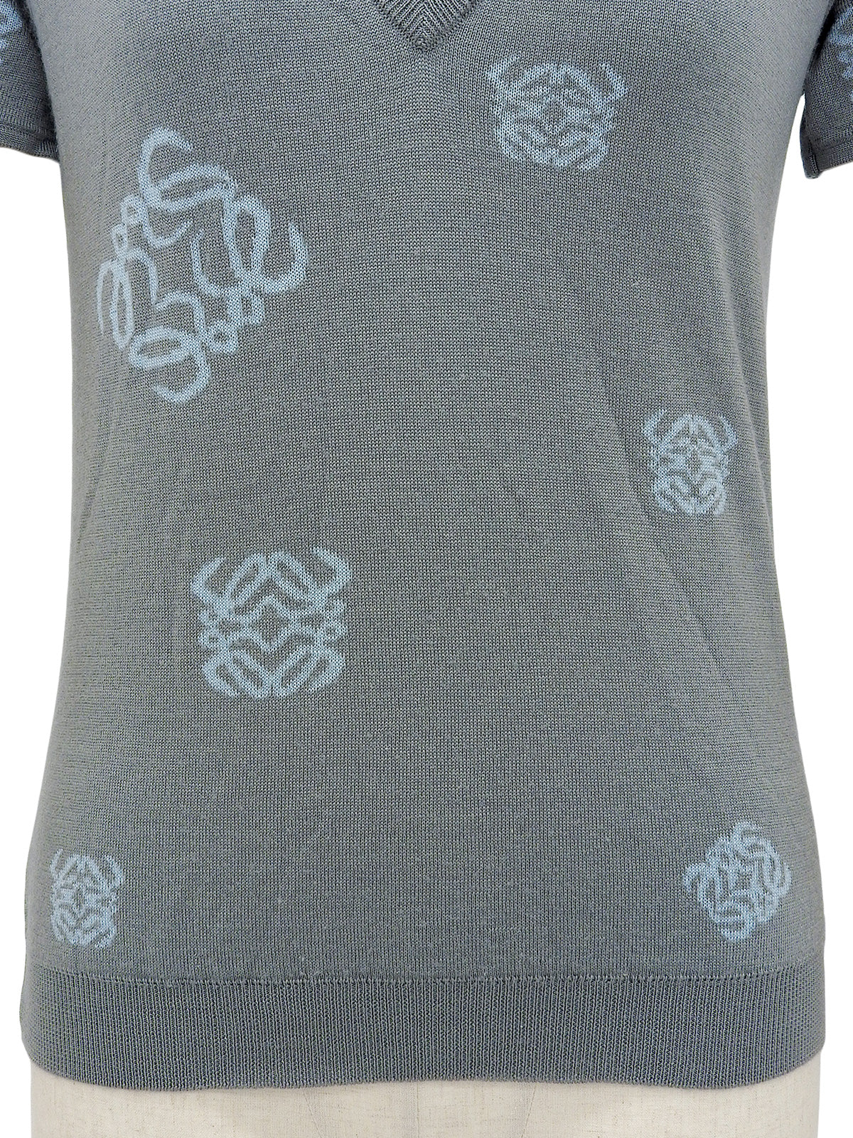 ウールアナグラムパターンショートスリーブVネックニットトップス グレー/ライトブルー