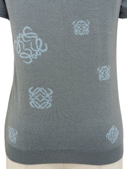 ウールアナグラムパターンショートスリーブVネックニットトップス グレー/ライトブルー