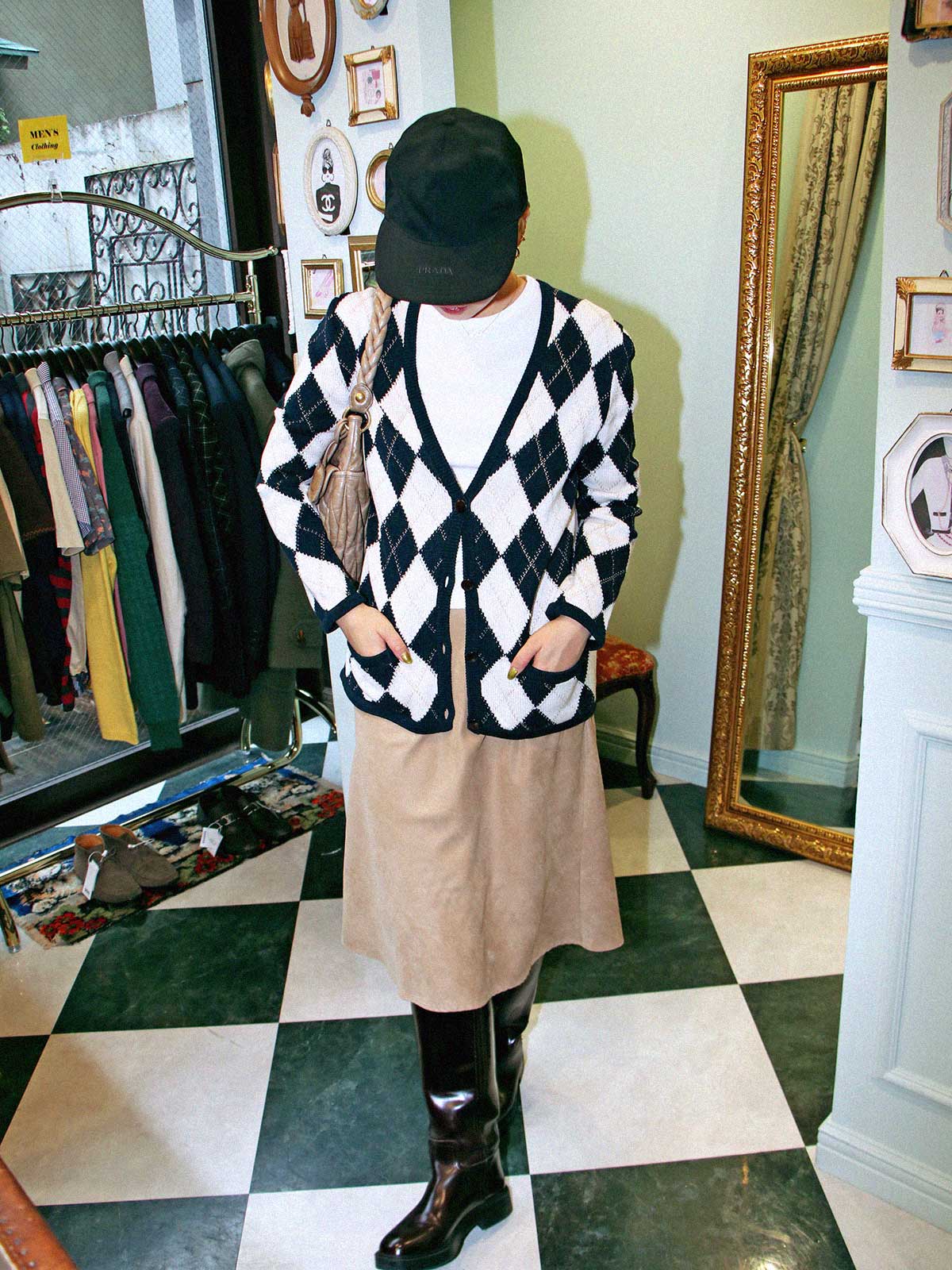 Argyle Pattern Cardigan in White/Navy