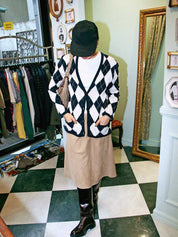 Argyle Pattern Cardigan in White/Navy