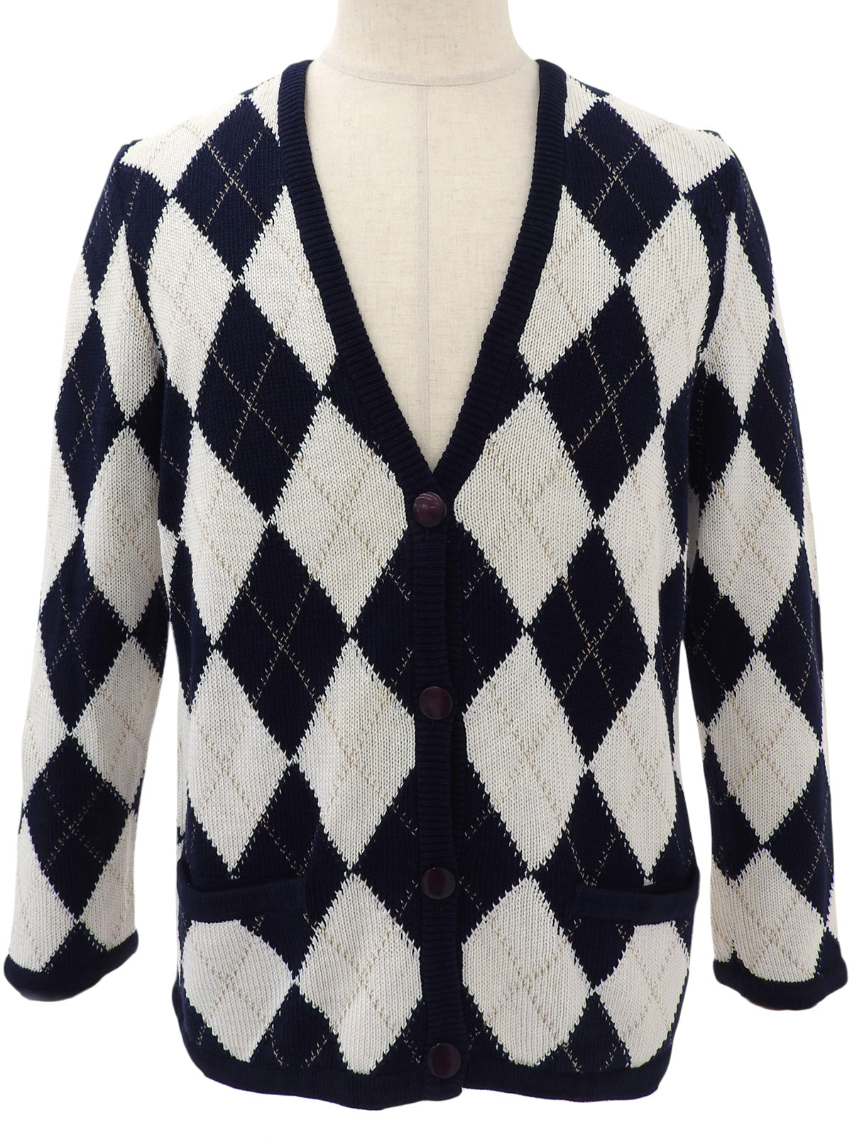 Argyle Pattern Cardigan in White/Navy