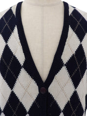 Argyle Pattern Cardigan in White/Navy