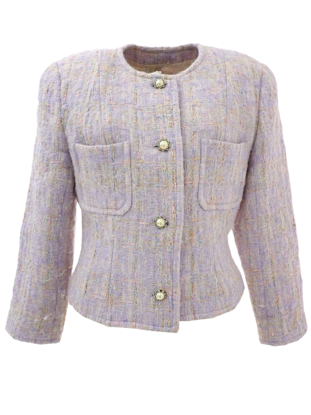 Tweed pearl button collarless jacket in lavender/multi