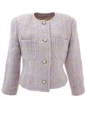 薰衣草紫/多色粗花呢珍珠纽扣无领夹克