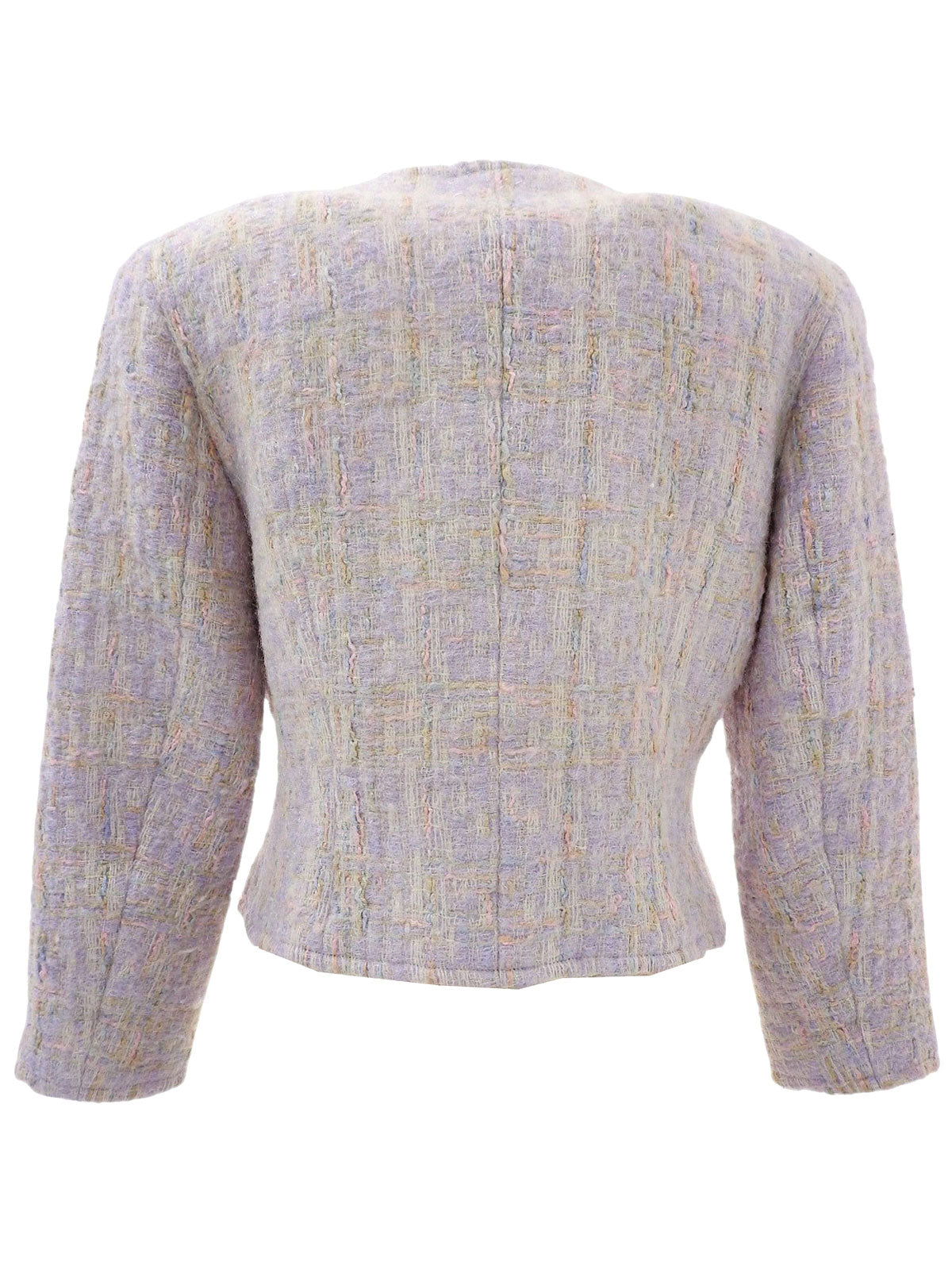 薰衣草紫/多色粗花呢珍珠纽扣无领夹克
