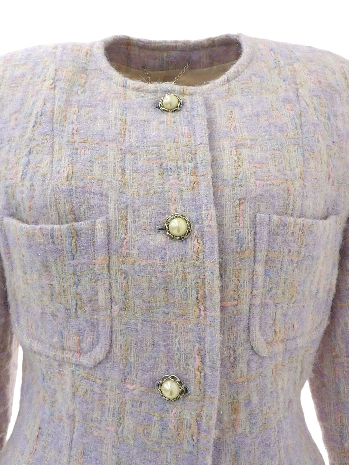 薰衣草紫/多色粗花呢珍珠纽扣无领夹克