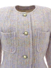 薰衣草紫/多色粗花呢珍珠纽扣无领夹克