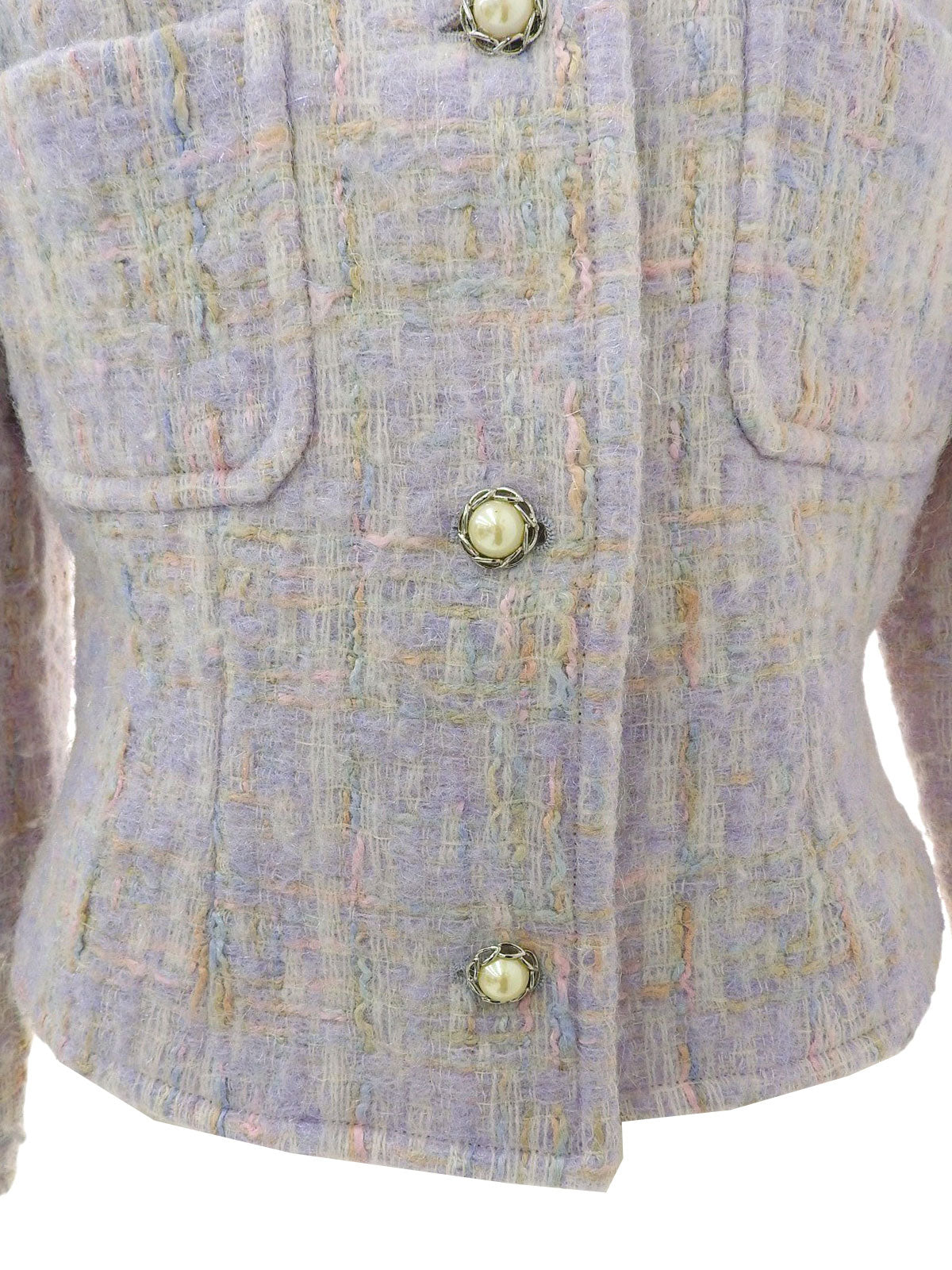 薰衣草紫/多色粗花呢珍珠纽扣无领夹克