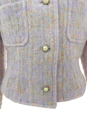 薰衣草紫/多色粗花呢珍珠纽扣无领夹克