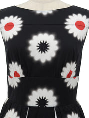 Flower Design Pattern Sleeveless Dress in Black/White/Red