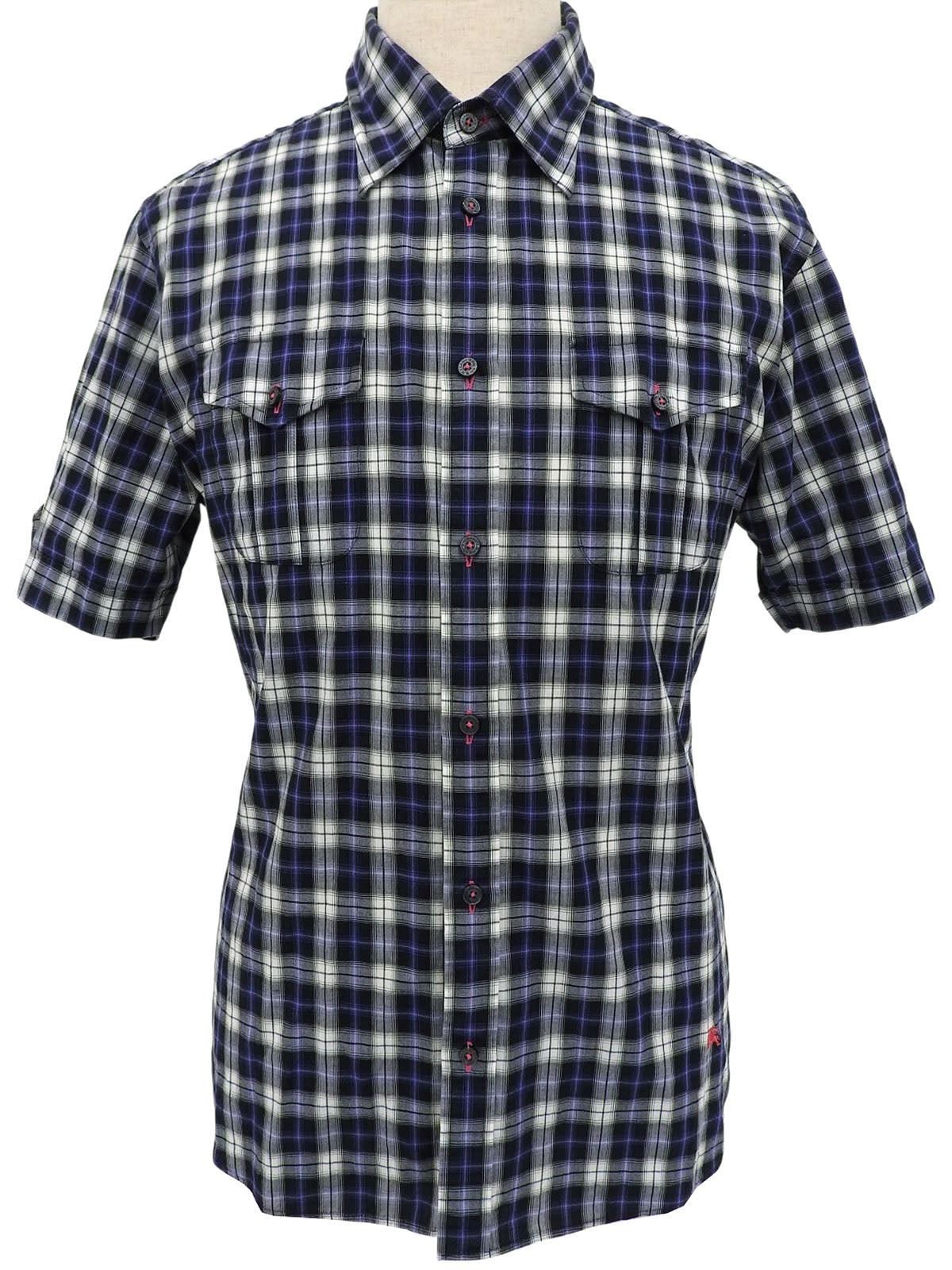 Check pattern logo embroidered half sleeve shirt in gray/navy/white