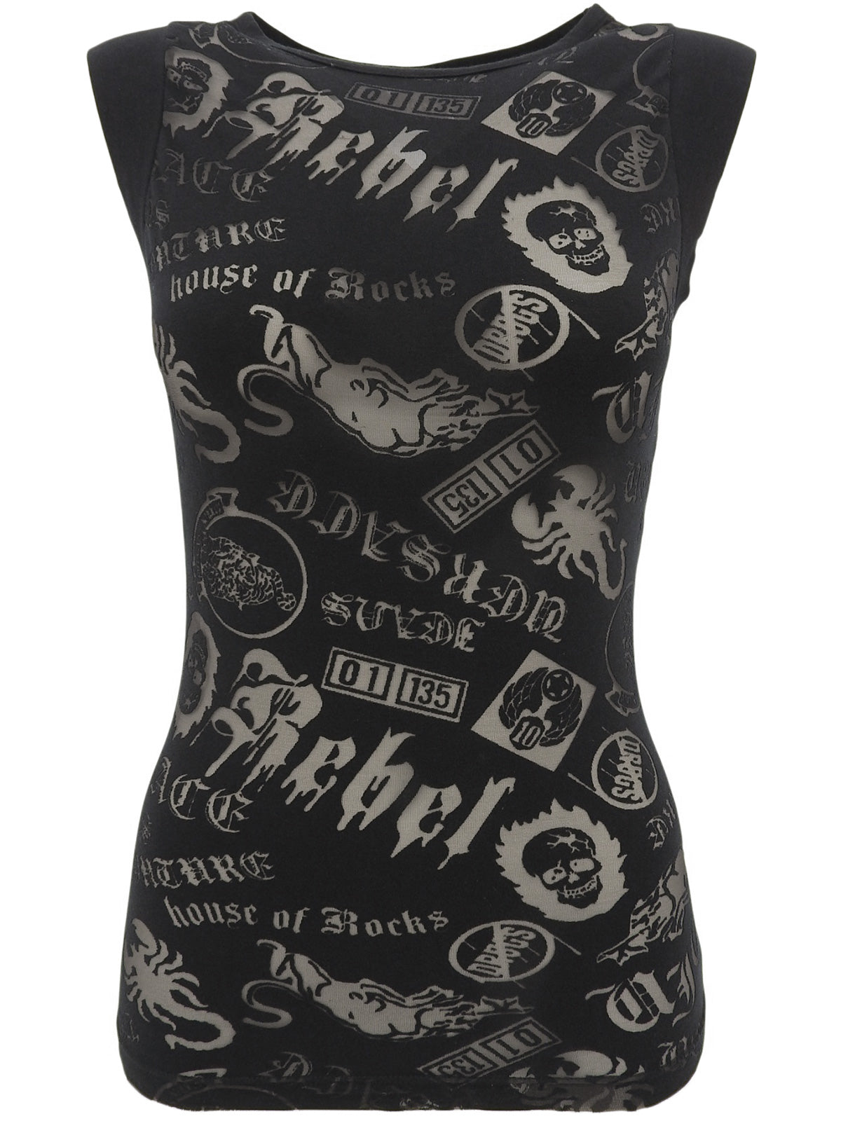 Multi-motif see-through design sleeveless top in black