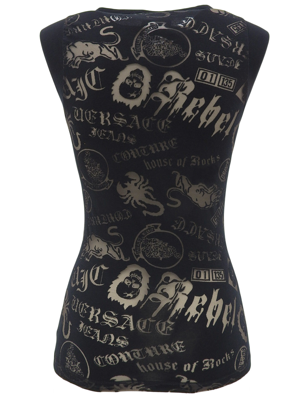 Multi-motif see-through design sleeveless top in black