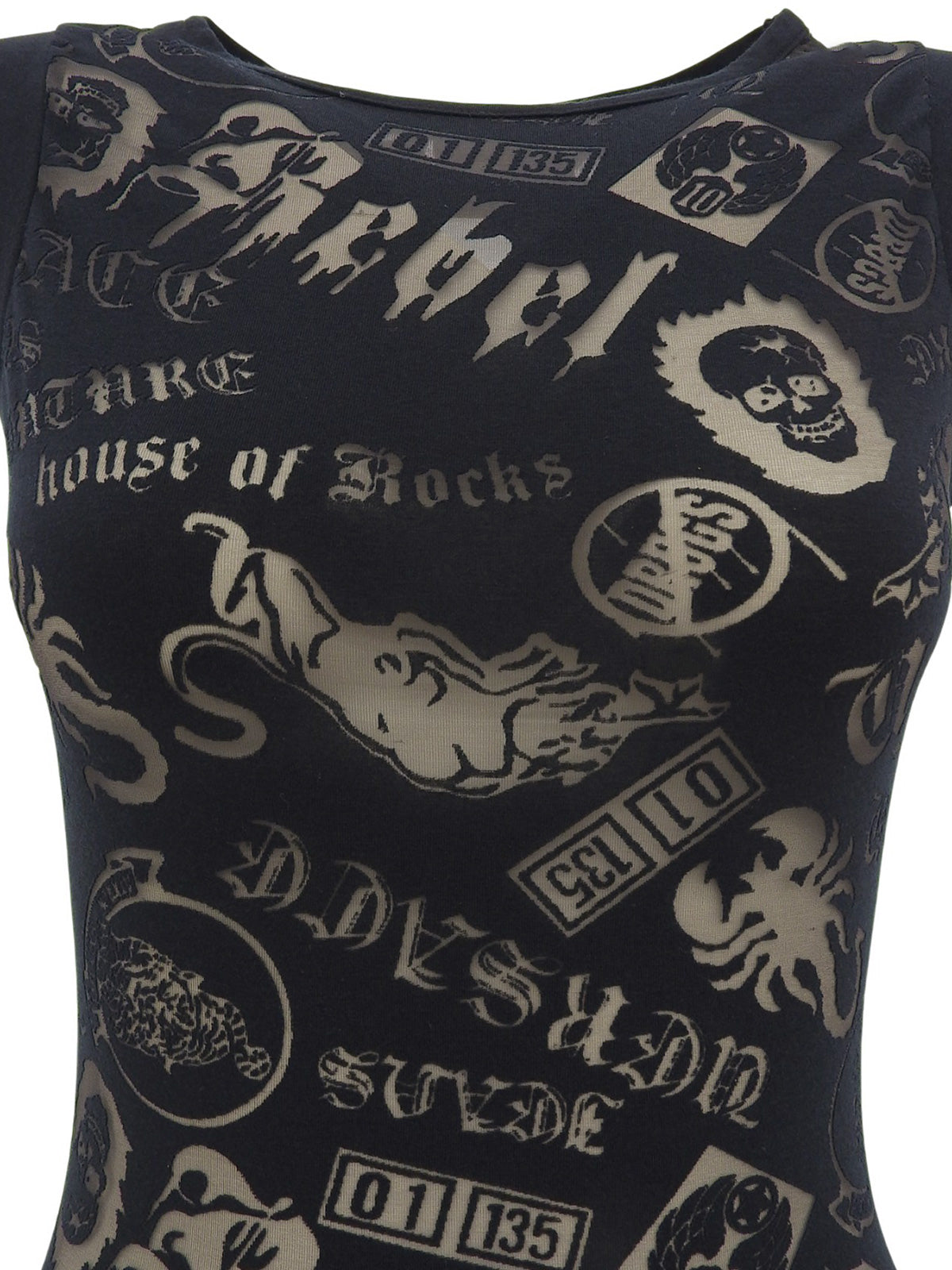 Multi-motif see-through design sleeveless top in black