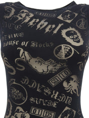Multi-motif see-through design sleeveless top in black