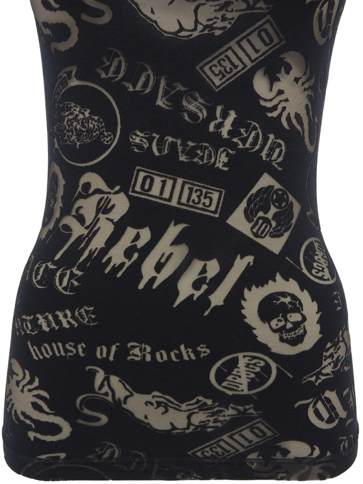 Multi-motif see-through design sleeveless top in black