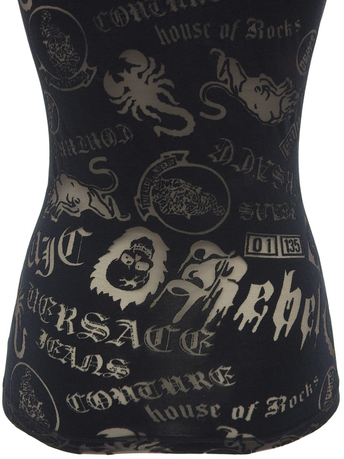 Multi-motif see-through design sleeveless top in black