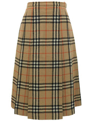 Wool Check Pattern Pleated Skirt in Beige/Multi