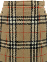 Wool Check Pattern Pleated Skirt in Beige/Multi