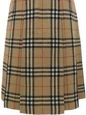 Wool Check Pattern Pleated Skirt in Beige/Multi
